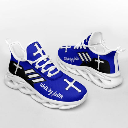 Christian Best Running Shoes, Jesus Walk By Faith Running Sneakers Blue Art Max Soul Shoes For Men And Women, Jesus Fashion Shoes