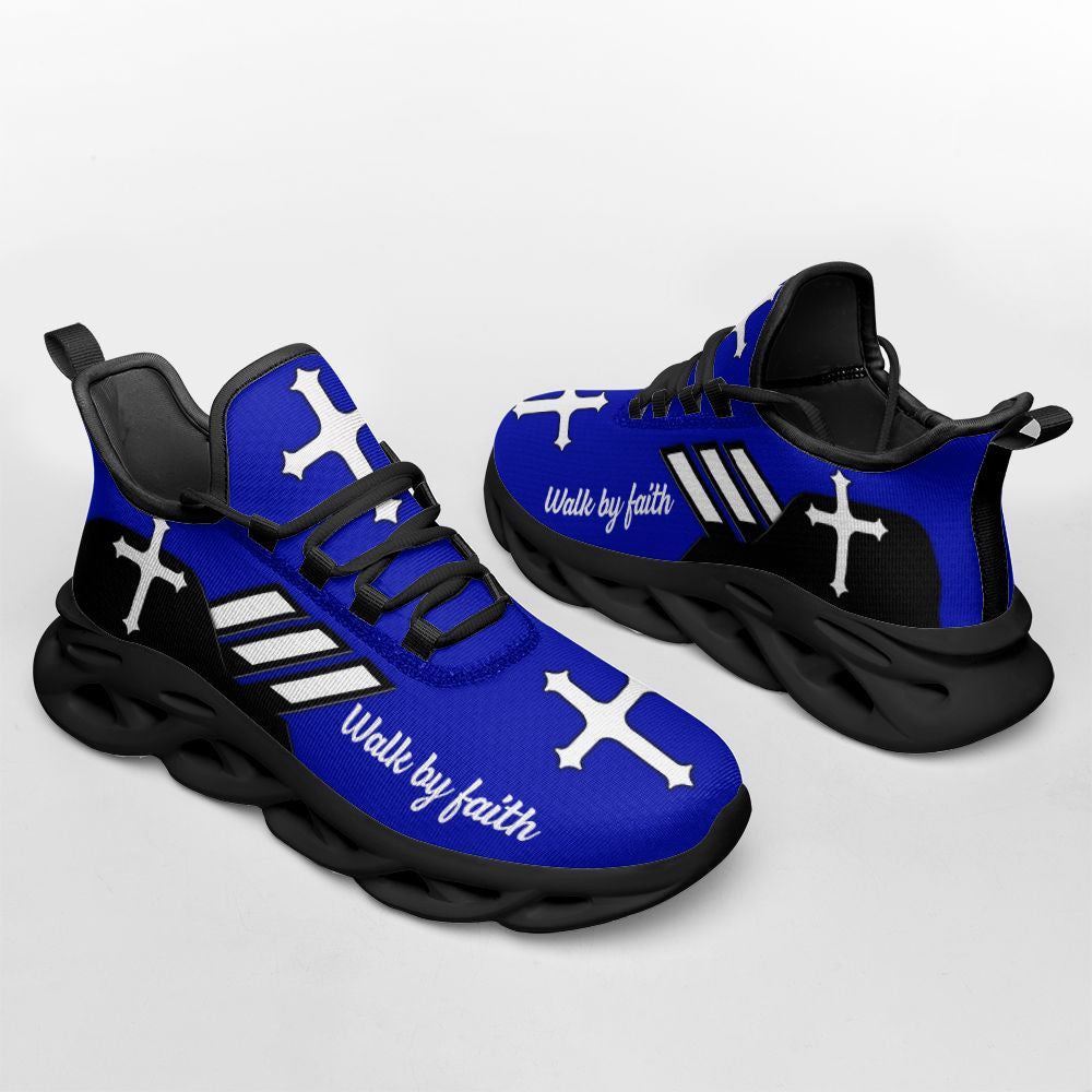 Christian Best Running Shoes, Jesus Walk By Faith Running Sneakers Blue Art Max Soul Shoes For Men And Women, Jesus Fashion Shoes