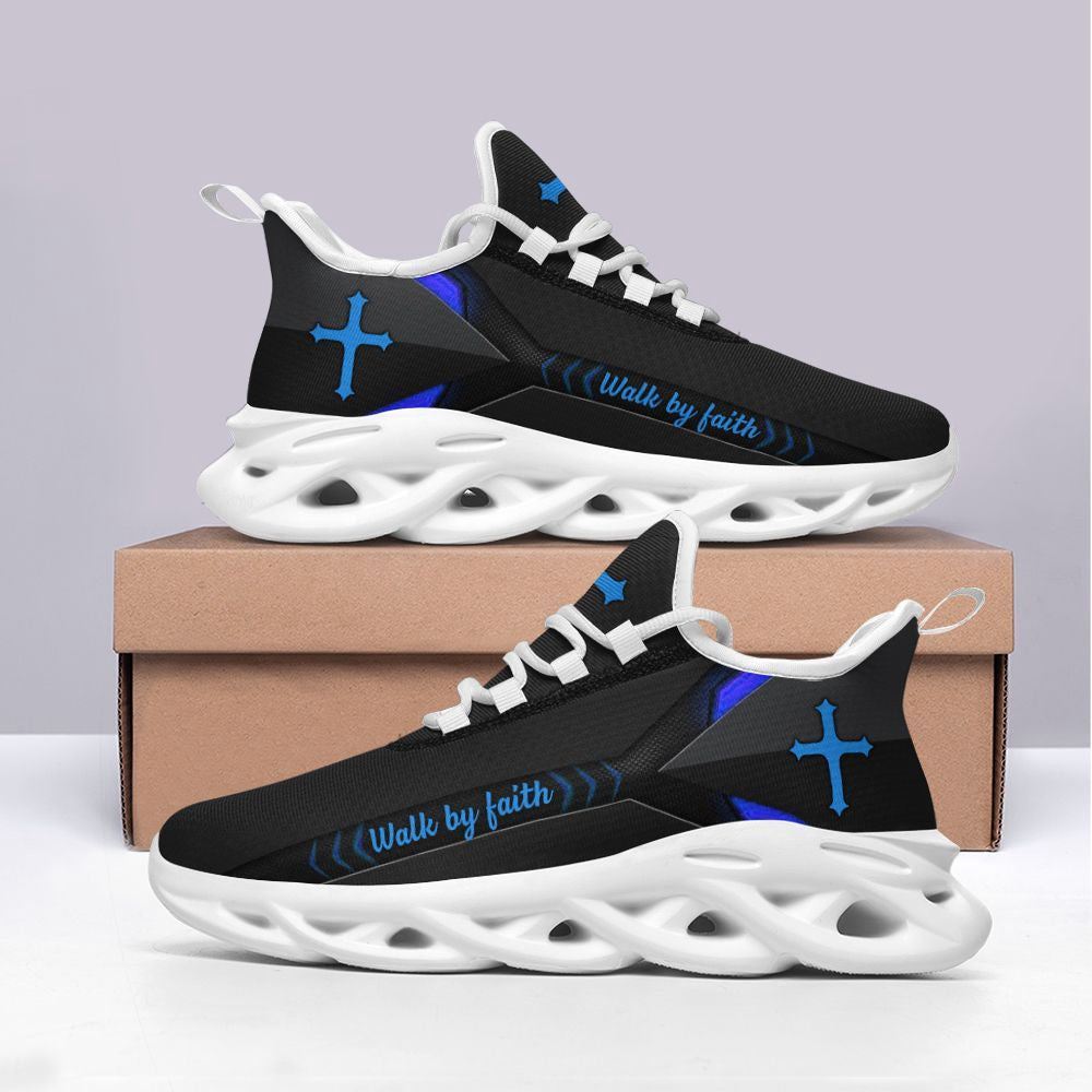 Christian Best Running Shoes, Jesus Walk By Faith Running Sneakers Blue Christ Black Max Soul Shoes For Men And Women, Jesus Fashion Shoes