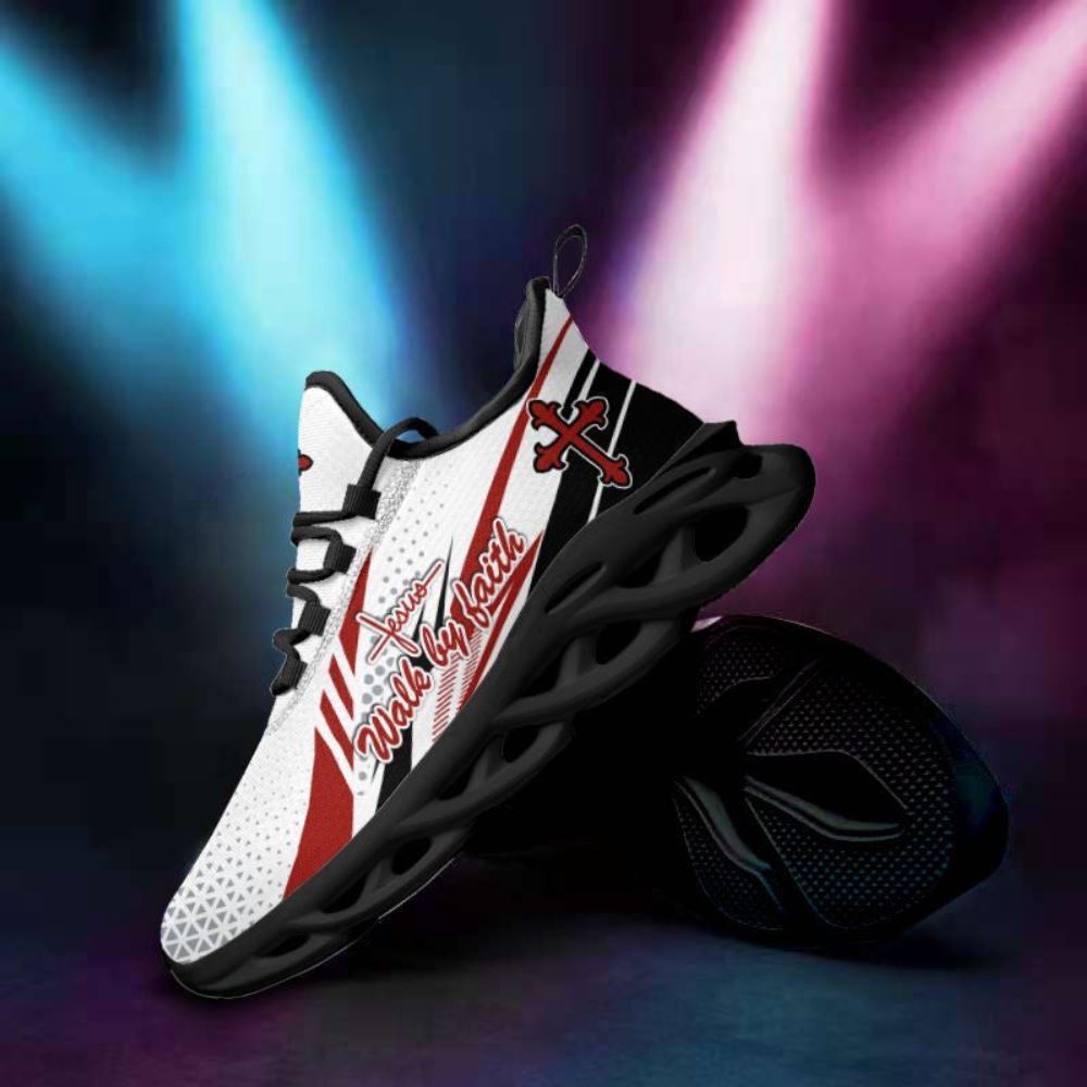 Christian Best Running Shoes, Jesus Walk By Faith Running Sneakers Red And White Max Soul Shoes For Men And Women, Jesus Fashion Shoes