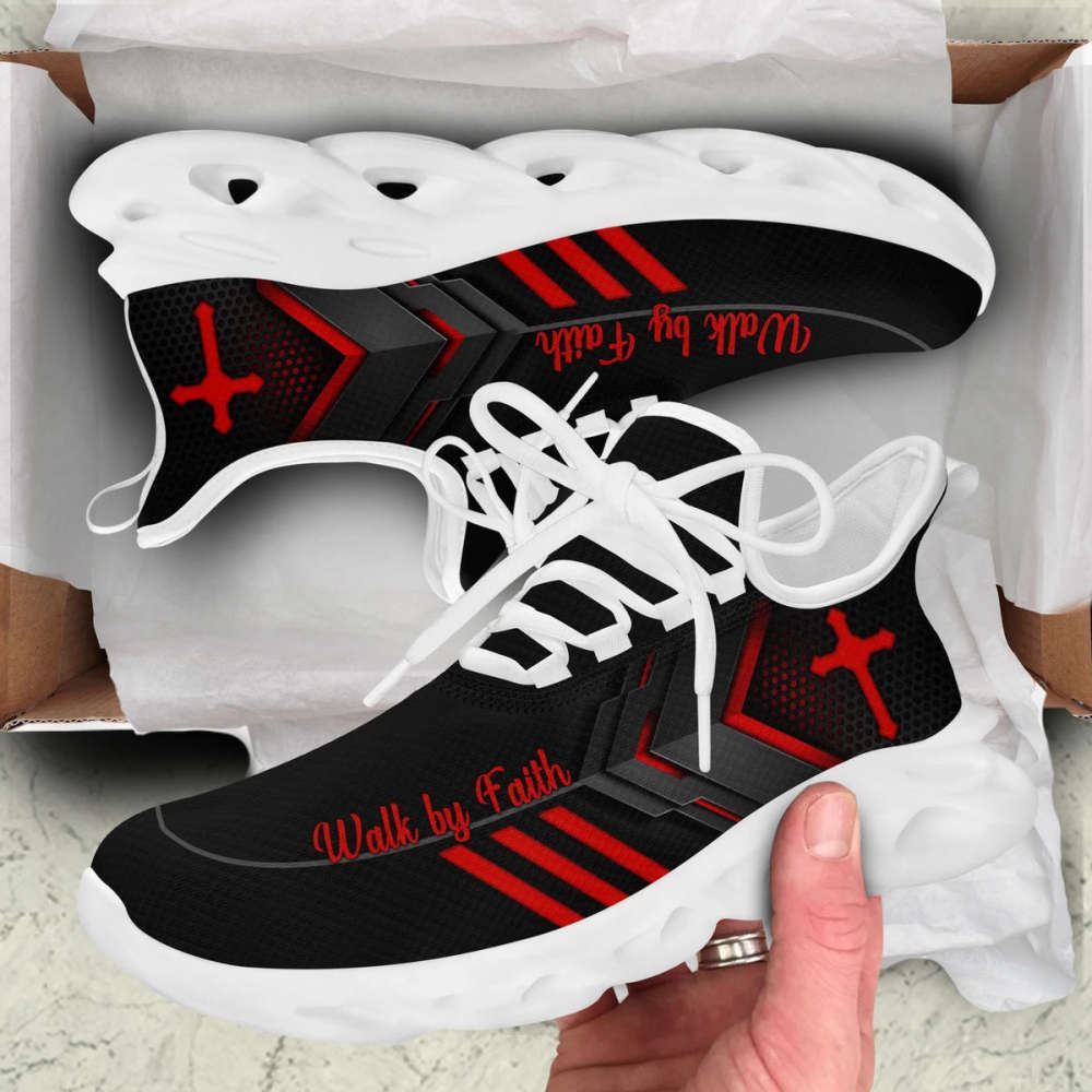 Christian Best Running Shoes, Jesus Walk By Faith Running Sneakers Red Black Art Max Soul Shoes For Men And Women, Jesus Fashion Shoes