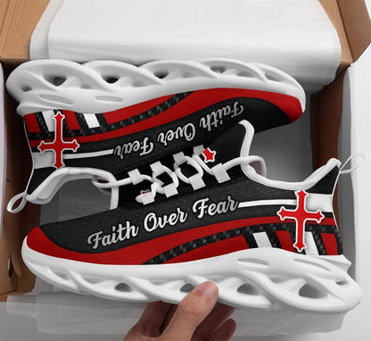Christian Best Running Shoes, Red Black Jesus Faith Over Fear Running Sneakers Max Soul Shoes For Men And Women, Jesus Fashion Shoes