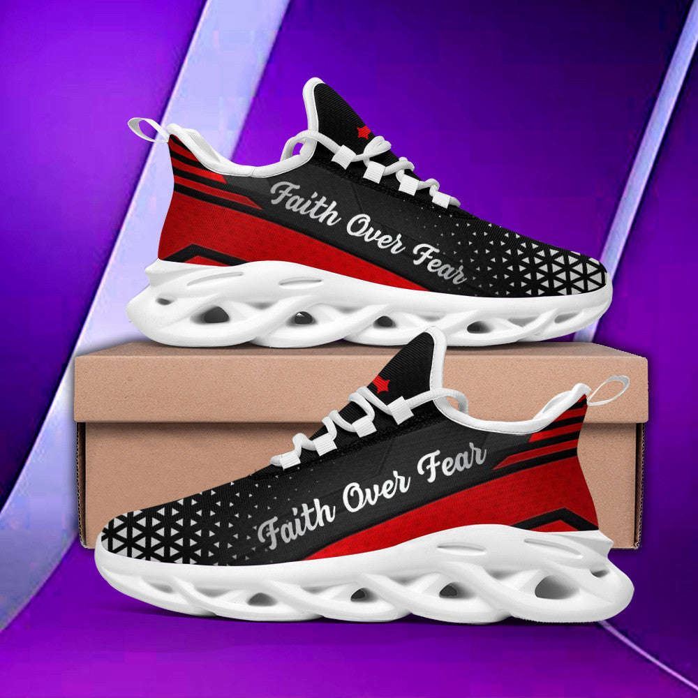 Christian Best Running Shoes, Red Jesus Faith Over Fear Running Sneakers Max Soul Shoes For Men And Women, Jesus Fashion Shoes