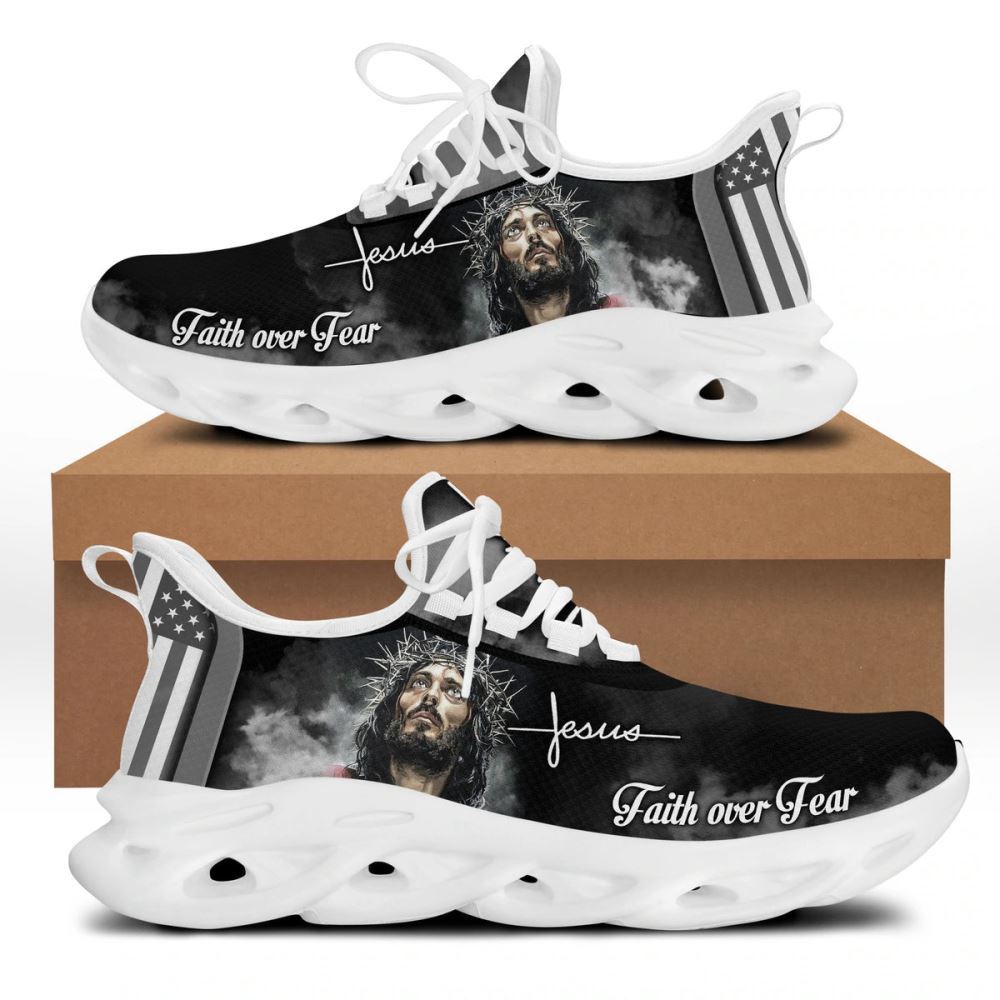 Christian Best Running Shoes, White And Black Jesus Faith Over Fear Running Sneakers Max Soul Shoes For Men And Women, Jesus Fashion Shoes