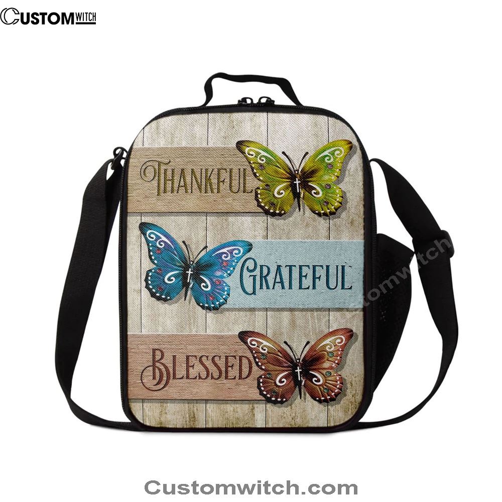 Christian Butterfly Thankful Grateful Blessed Lunch Bag, Christian Lunch Bag For School, Picnic, Religious Lunch Bag