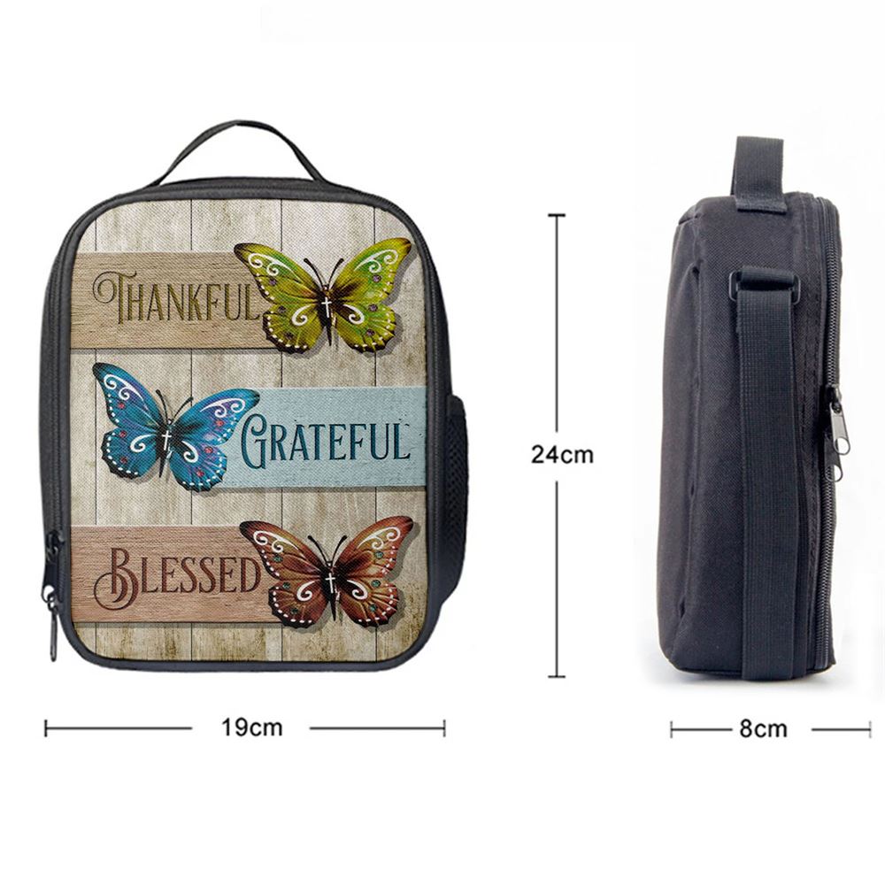 Christian Butterfly Thankful Grateful Blessed Lunch Bag, Christian Lunch Bag For School, Picnic, Religious Lunch Bag
