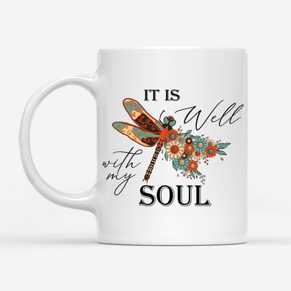 Christian Coffee Mug, It Is Well With My Soul, Dragonfly Flowers, Christian Mug, Bible Mug, Faith Gift, Encouragement Gift