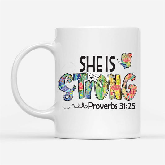 Christian Coffee Mug She Is Strong Proverbs 3125, Butterfly, Christian Mug, Bible Mug, Faith Gift, Encouragement Gift
