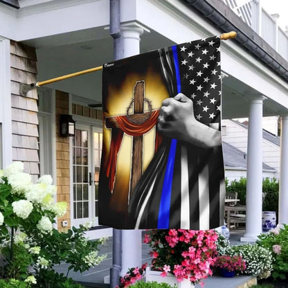 Christian Cross Thin Blue Line House Flags, Christian Flag, Scripture Flag, Garden Banner