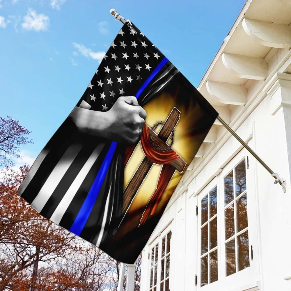 Christian Cross Thin Blue Line House Flags, Christian Flag, Scripture Flag, Garden Banner