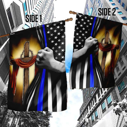 Christian Cross Thin Blue Line House Flags, Christian Flag, Scripture Flag, Garden Banner