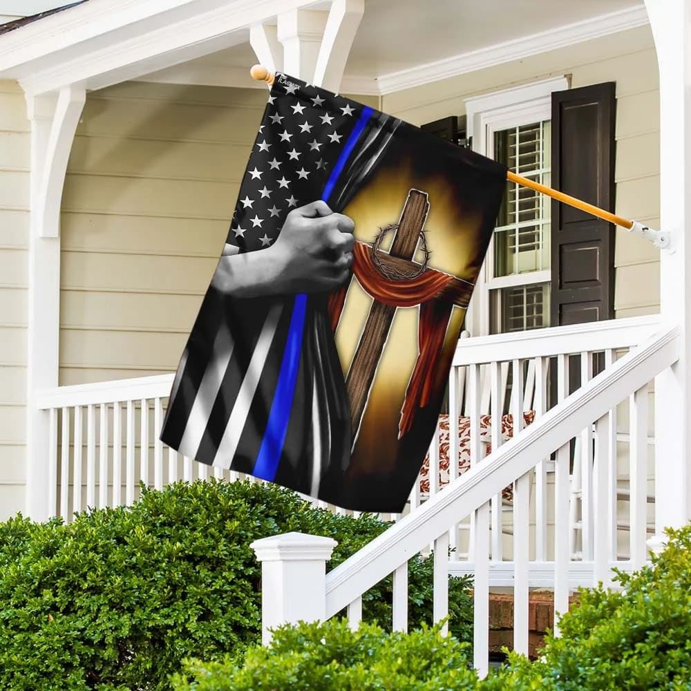 Christian Cross Thin Blue Line House Flags, Christian Flag, Scripture Flag, Garden Banner