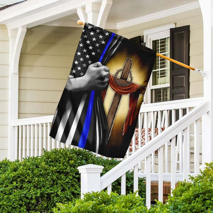 Christian Cross Thin Blue Line House Flags, Christian Flag, Scripture Flag, Garden Banner