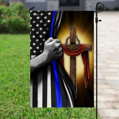 Christian Cross Thin Blue Line House Flags, Christian Flag, Scripture Flag, Garden Banner