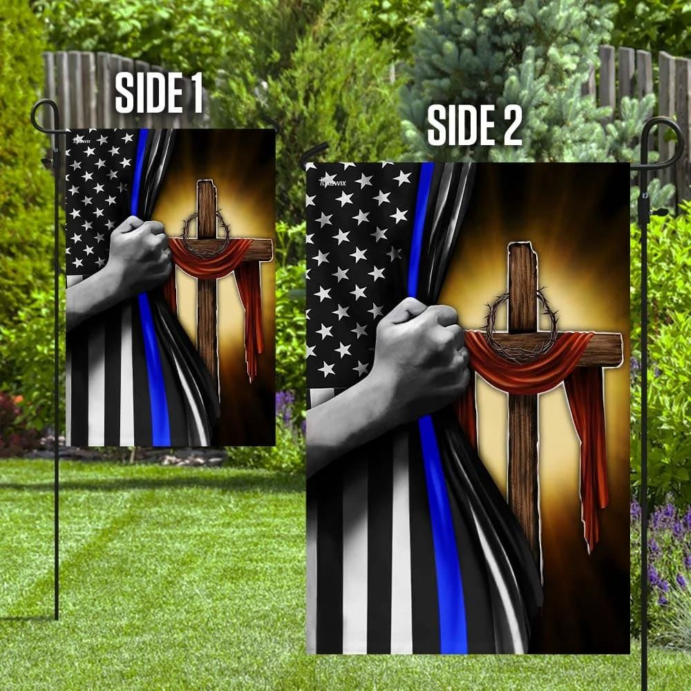 Christian Cross Thin Blue Line House Flags, Christian Flag, Scripture Flag, Garden Banner
