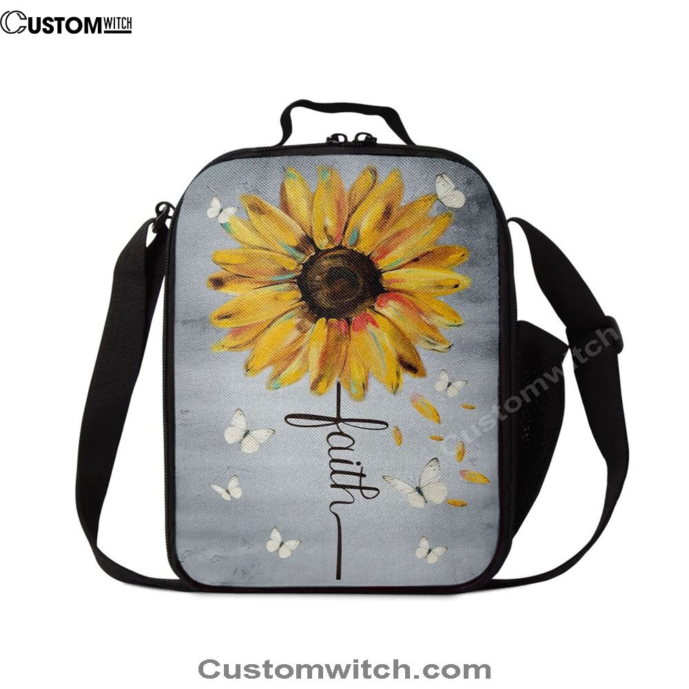 Christian Faith Cross Butterfly Sunflower Lunch Bag, Christian Lunch Bag For School, Picnic, Religious Lunch Bag