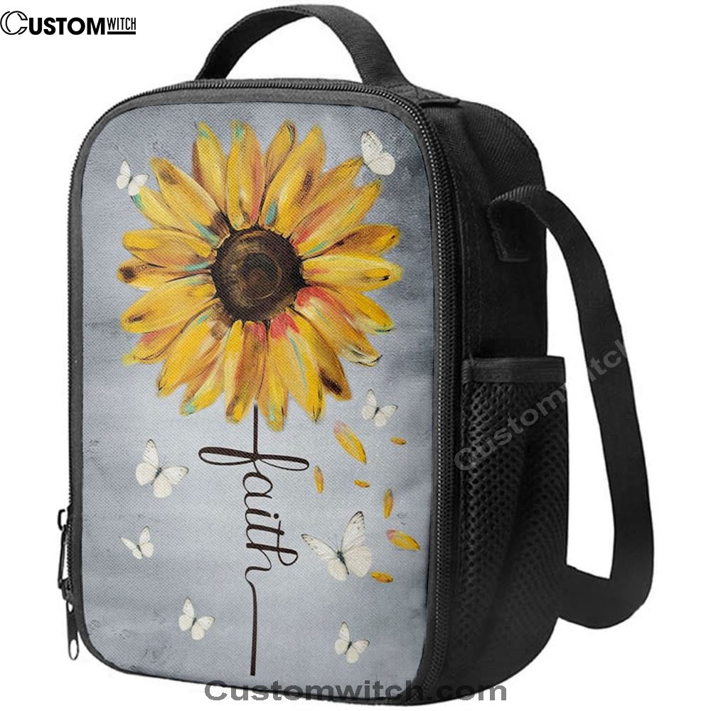 Christian Faith Cross Butterfly Sunflower Lunch Bag, Christian Lunch Bag For School, Picnic, Religious Lunch Bag
