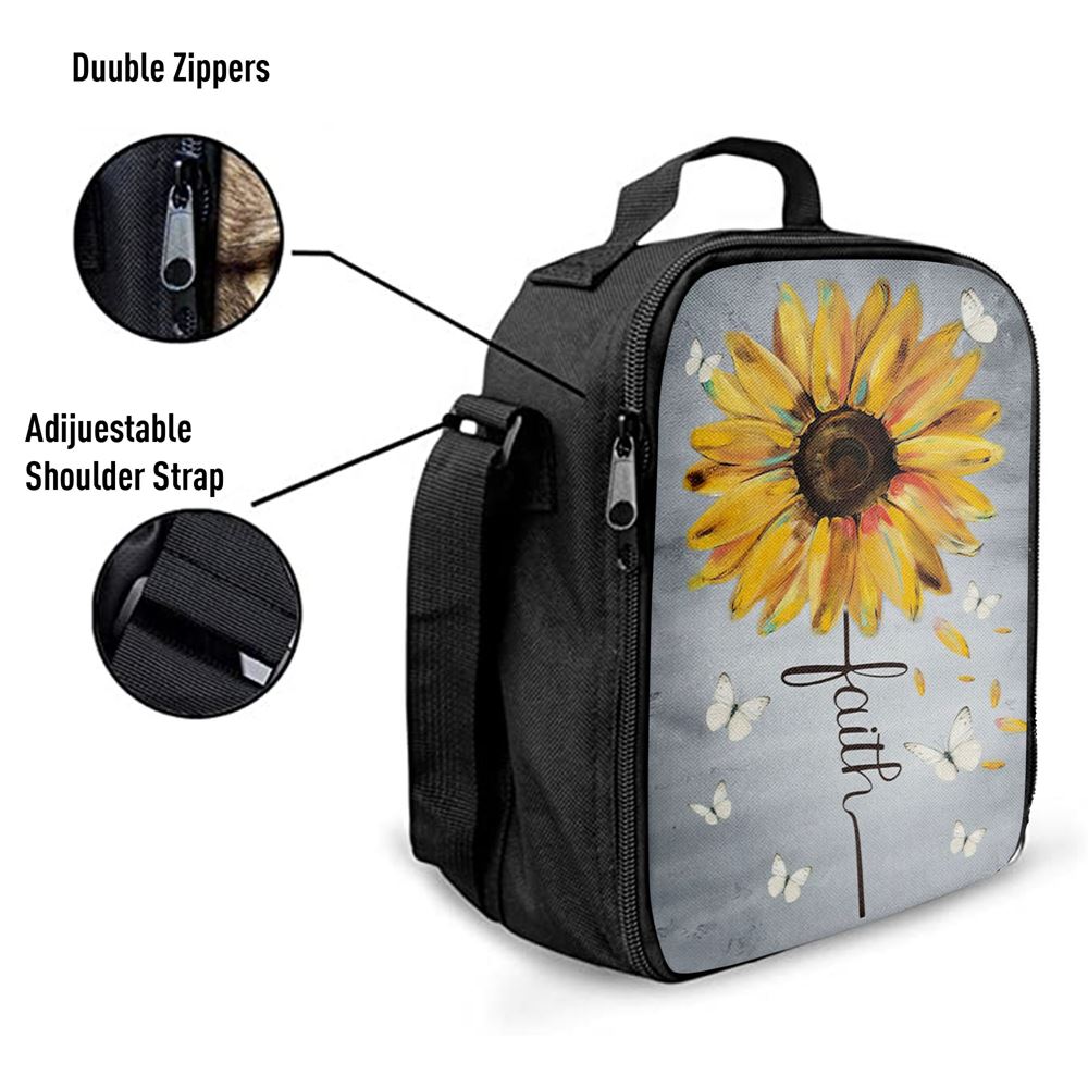 Christian Faith Cross Butterfly Sunflower Lunch Bag, Christian Lunch Bag For School, Picnic, Religious Lunch Bag