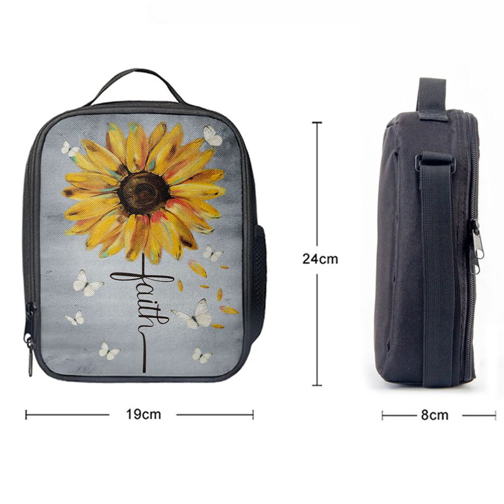Christian Faith Cross Butterfly Sunflower Lunch Bag, Christian Lunch Bag For School, Picnic, Religious Lunch Bag