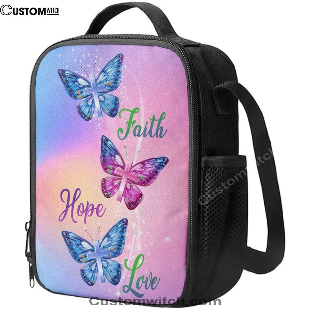 Christian Faith Hope Love Butterfly Art Lunch Bag, Christian Lunch Bag For School, Picnic, Religious Lunch Bag