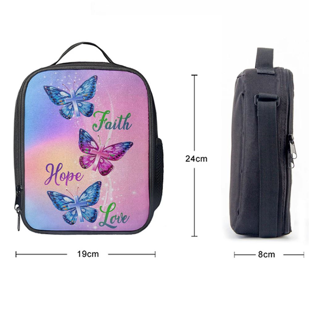 Christian Faith Hope Love Butterfly Art Lunch Bag, Christian Lunch Bag For School, Picnic, Religious Lunch Bag