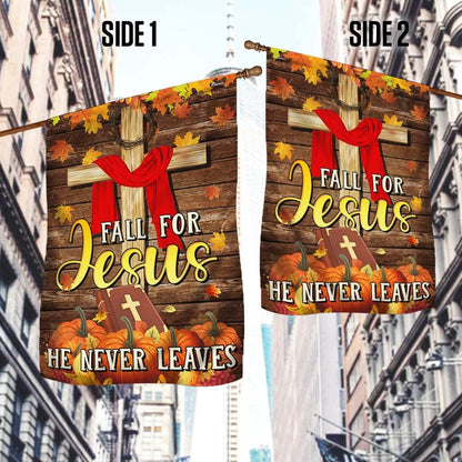 Christian Fall For Jesus He Never Leaves Thanksgiving Halloween Pumpkins Fall Flag, Christian Flag, Scripture Flag, Garden Banner