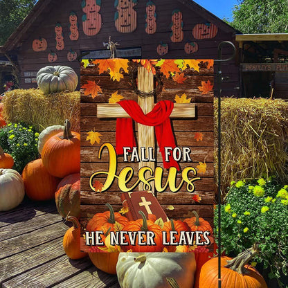 Christian Fall For Jesus He Never Leaves Thanksgiving Halloween Pumpkins Fall Flag, Christian Flag, Scripture Flag, Garden Banner