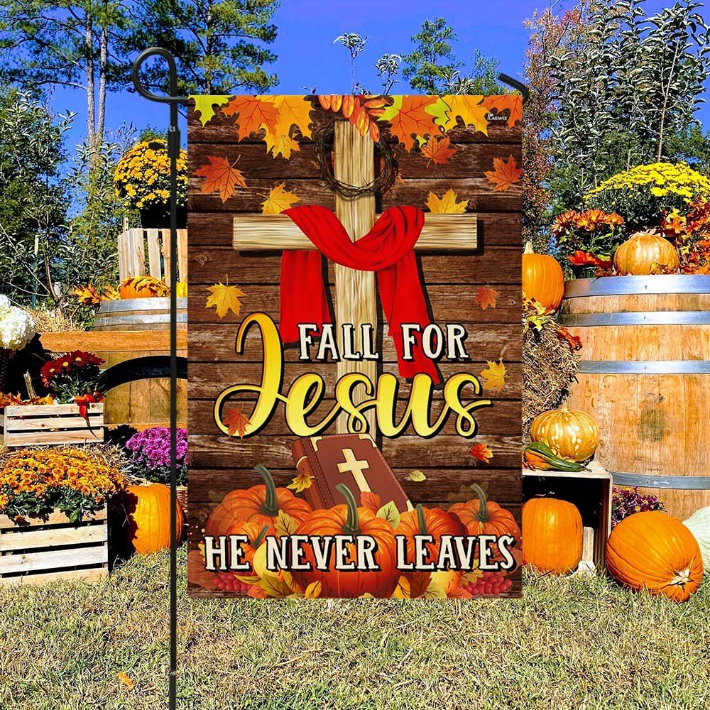 Christian Fall For Jesus He Never Leaves Thanksgiving Halloween Pumpkins Fall Flag, Christian Flag, Scripture Flag, Garden Banner