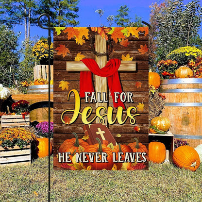 Christian Fall For Jesus He Never Leaves Thanksgiving Halloween Pumpkins Fall Flag, Christian Flag, Scripture Flag, Garden Banner