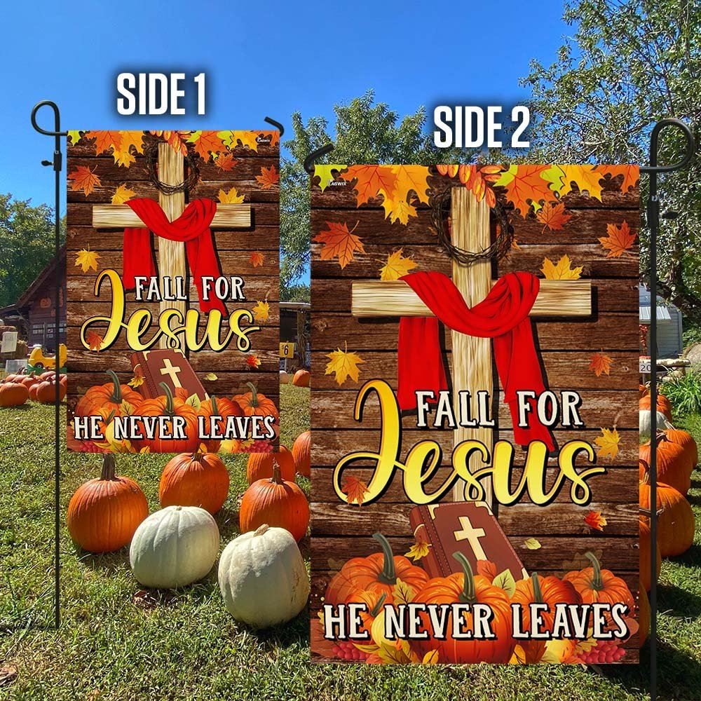 Christian Fall For Jesus He Never Leaves Thanksgiving Halloween Pumpkins Fall Flag, Christian Flag, Scripture Flag, Garden Banner