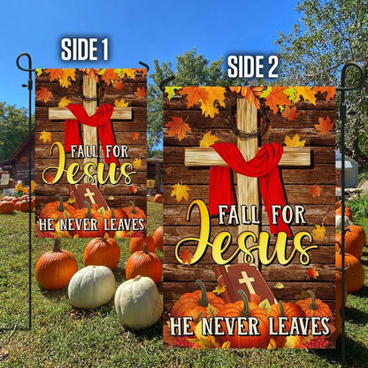 Christian Fall For Jesus He Never Leaves Thanksgiving Halloween Pumpkins Fall Flag, Christian Flag, Scripture Flag, Garden Banner