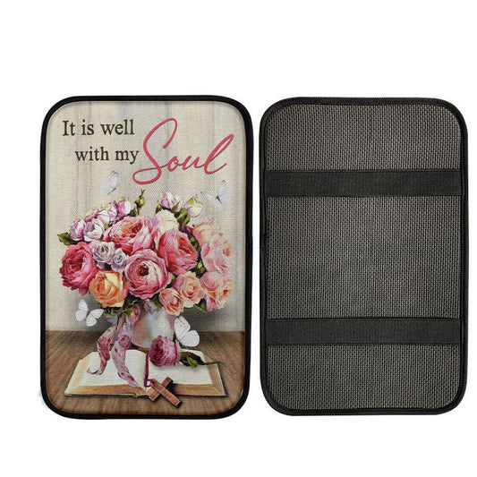 Christian It Is Well With My Soul Roses With Old Bible Book Car Center Console Cover, Jesus Art, Car Interior Accessories