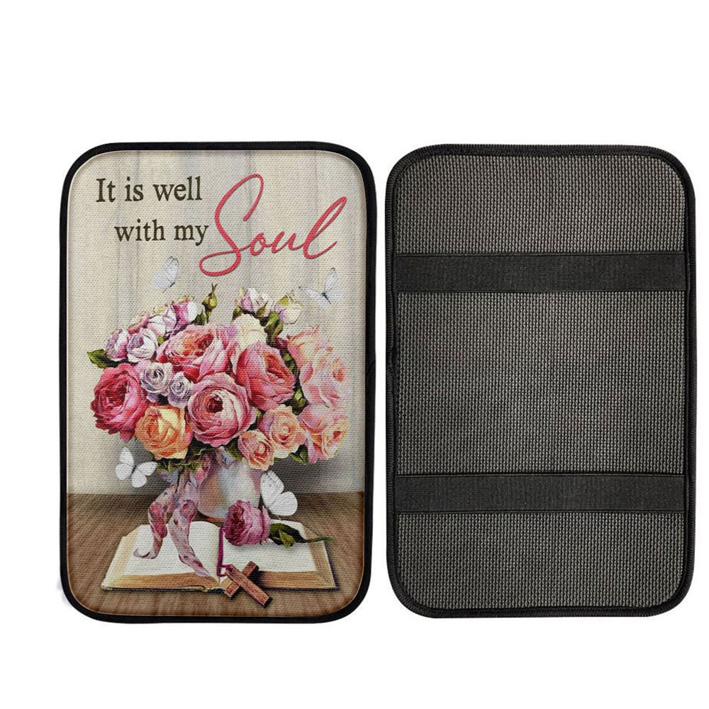 Christian It Is Well With My Soul Roses With Old Bible Book Car Center Console Cover, Religious Car Armrest Accessories