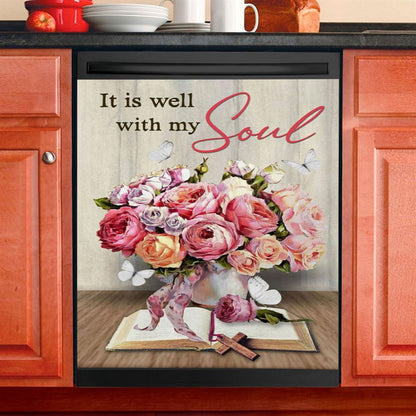Christian It Is Well With My Soul Roses With Old Bible Book Dishwasher Cover, Bible Verse Dishwasher Magnet Cover, Scripture Kitchen Decor
