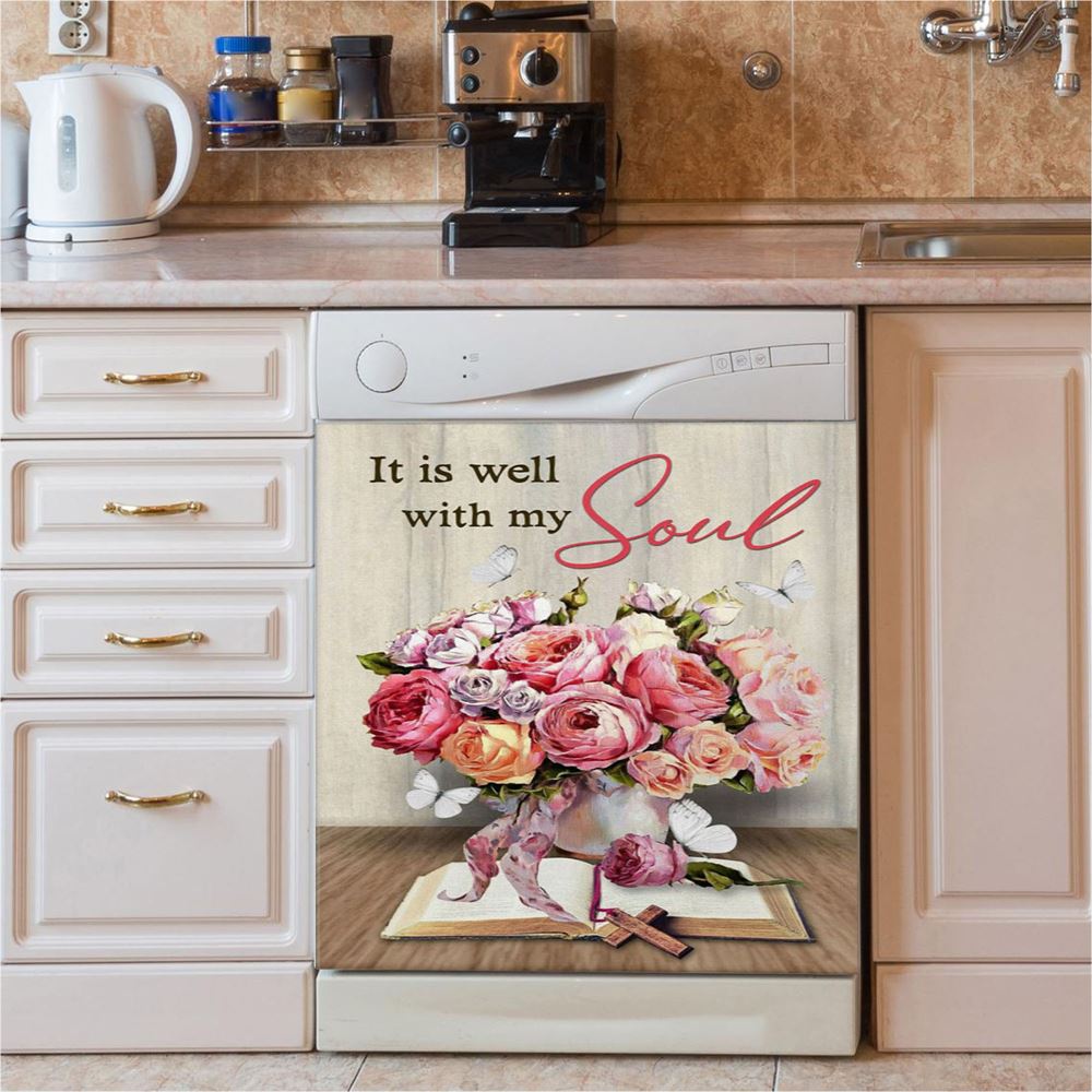 Christian It Is Well With My Soul Roses With Old Bible Book Dishwasher Cover, Bible Verse Dishwasher Magnet Cover, Scripture Kitchen Decor