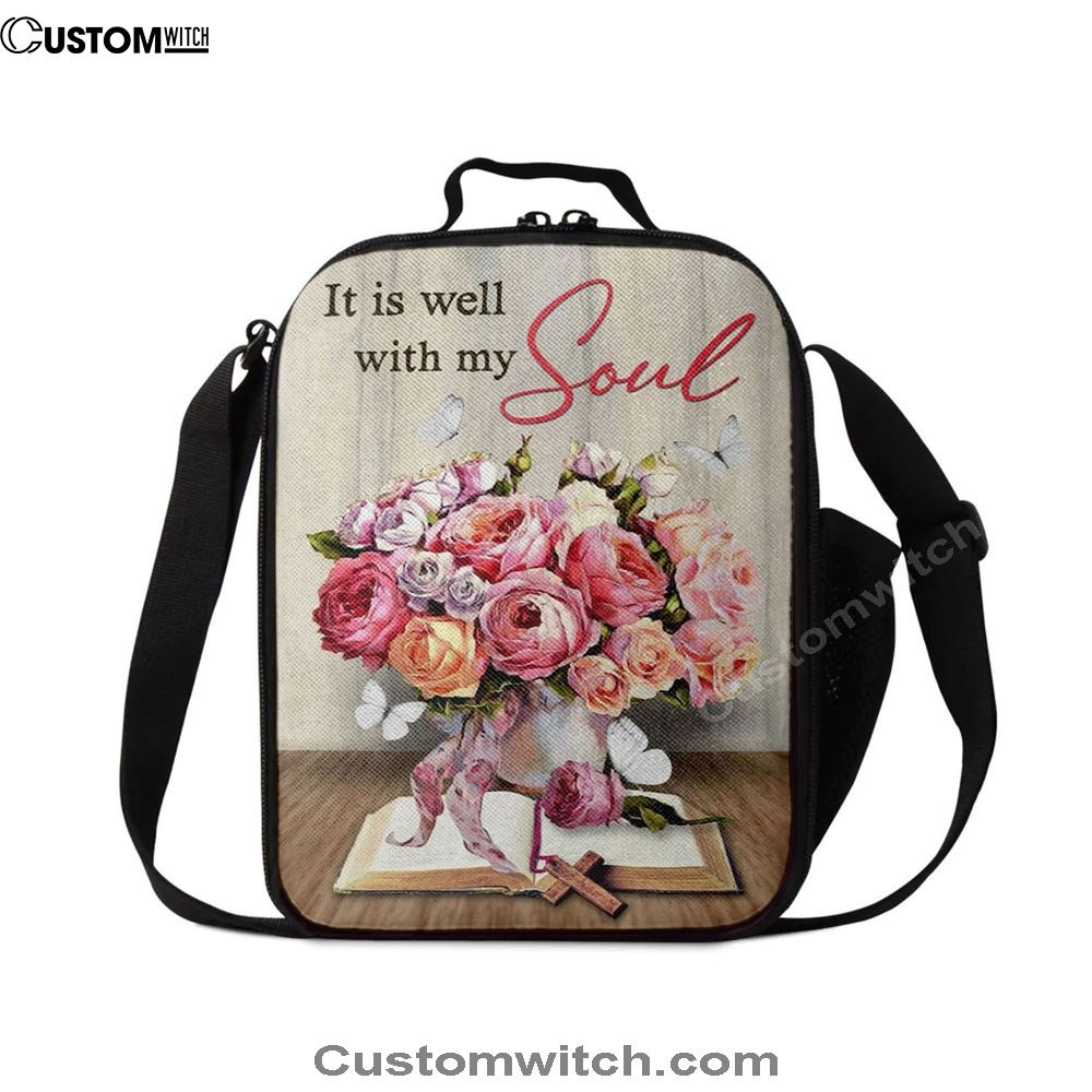 Christian It Is Well With My Soul Roses With Old Bible Book Lunch Bag, Christian Lunch Bag For School, Picnic, Religious Lunch Bag
