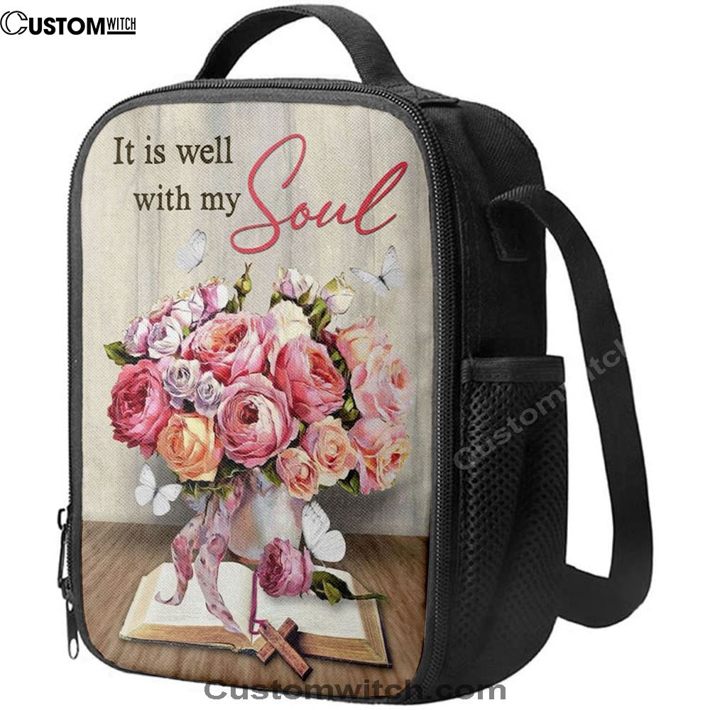 Christian It Is Well With My Soul Roses With Old Bible Book Lunch Bag, Christian Lunch Bag For School, Picnic, Religious Lunch Bag