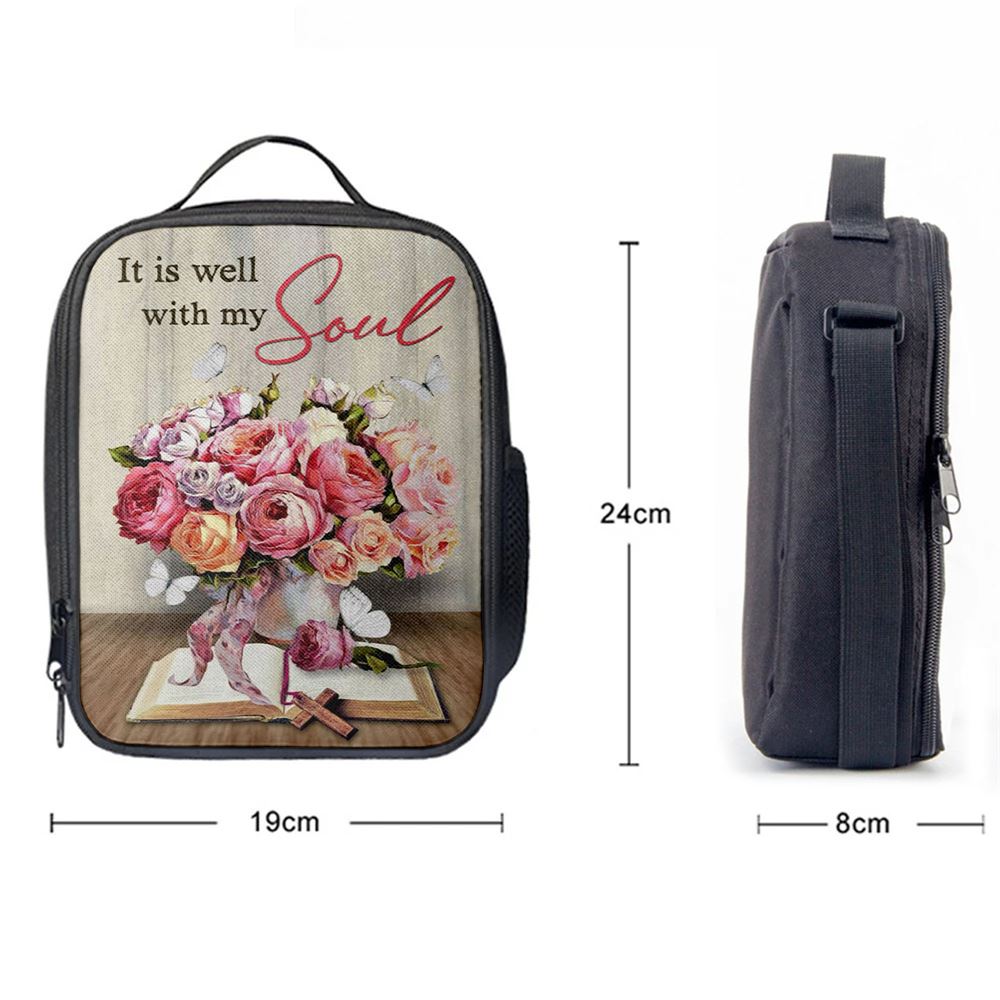Christian It Is Well With My Soul Roses With Old Bible Book Lunch Bag, Christian Lunch Bag For School, Picnic, Religious Lunch Bag