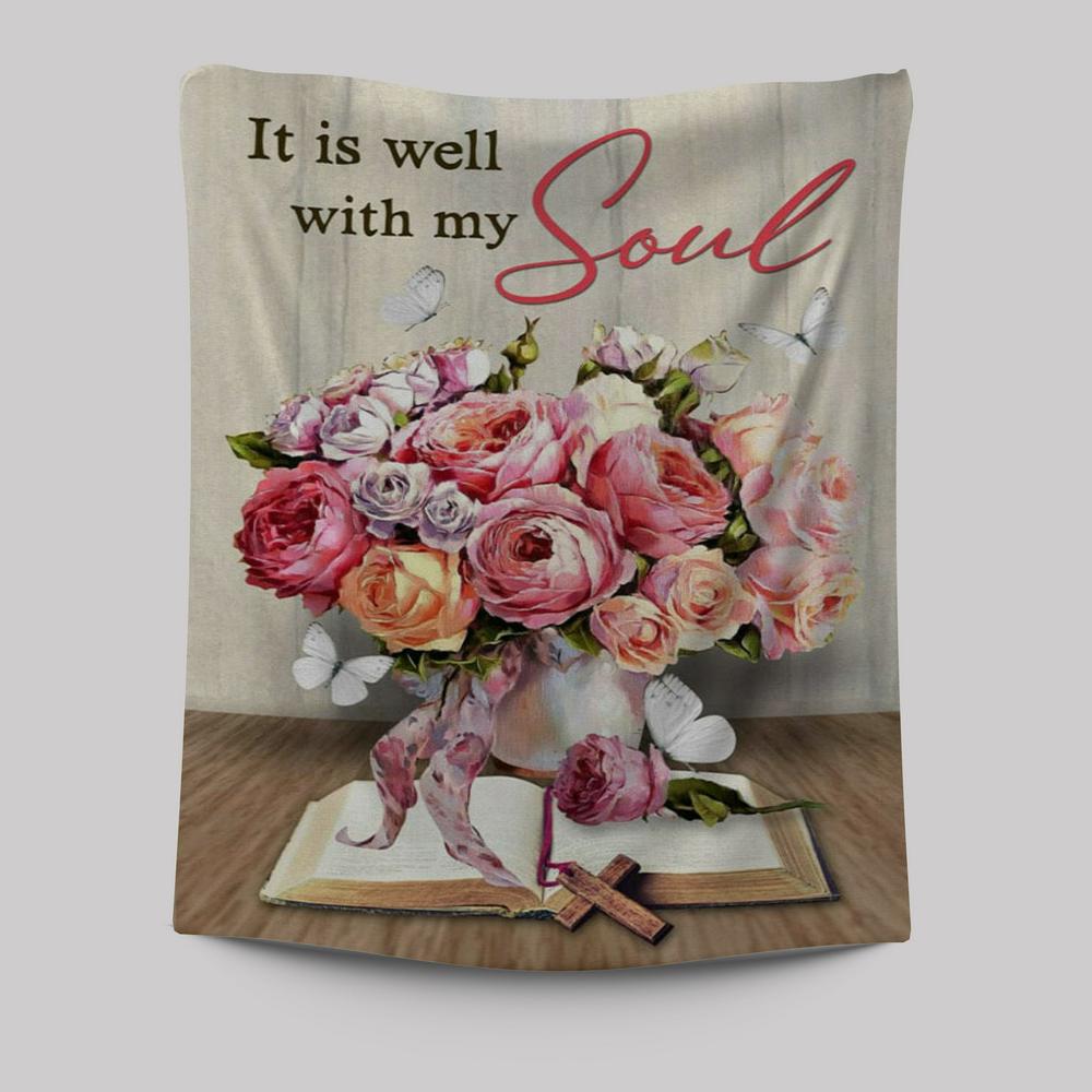 Christian It Is Well With My Soul Roses With Old Bible Book Tapestry Prints - Bible Verse Wall Decor - Scripture Wall Art