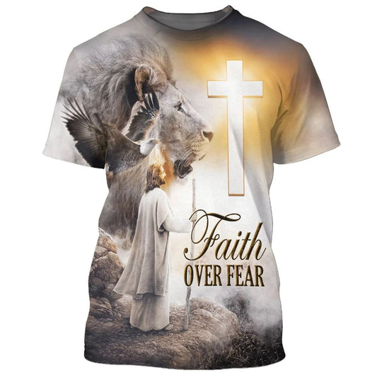 Christian Jesus Lion Cross Faith Over Fear All Over Print 3D T-Shirt, Gift For Christian, Jesus Shirt