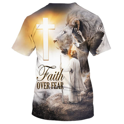 Christian Jesus Lion Cross Faith Over Fear All Over Print 3D T-Shirt, Gift For Christian, Jesus Shirt