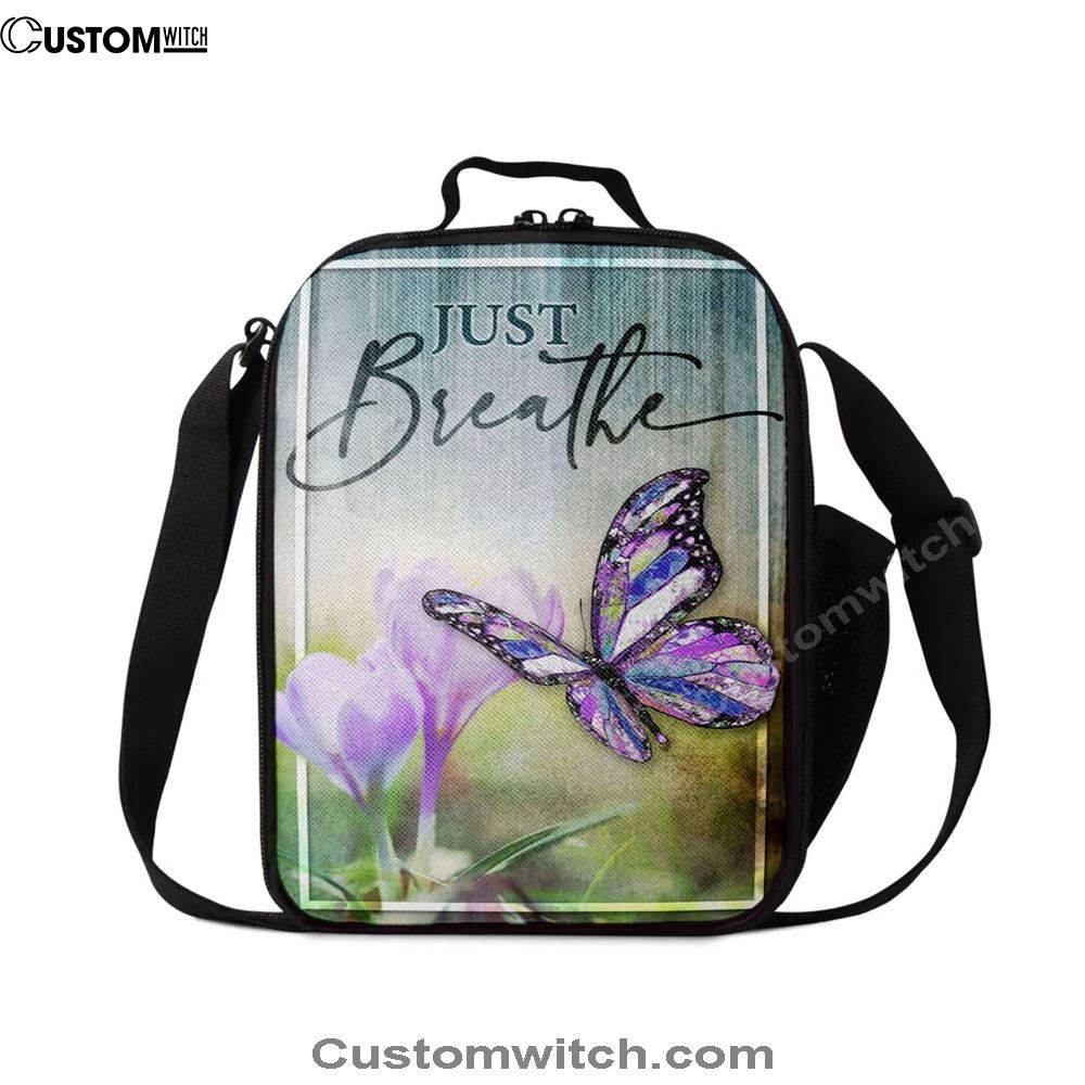 Christian Just Breathe Butterfly Lunch Bag, Christian Lunch Bag For School, Picnic, Religious Lunch Bag