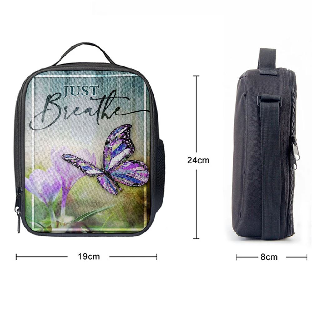 Christian Just Breathe Butterfly Lunch Bag, Christian Lunch Bag For School, Picnic, Religious Lunch Bag