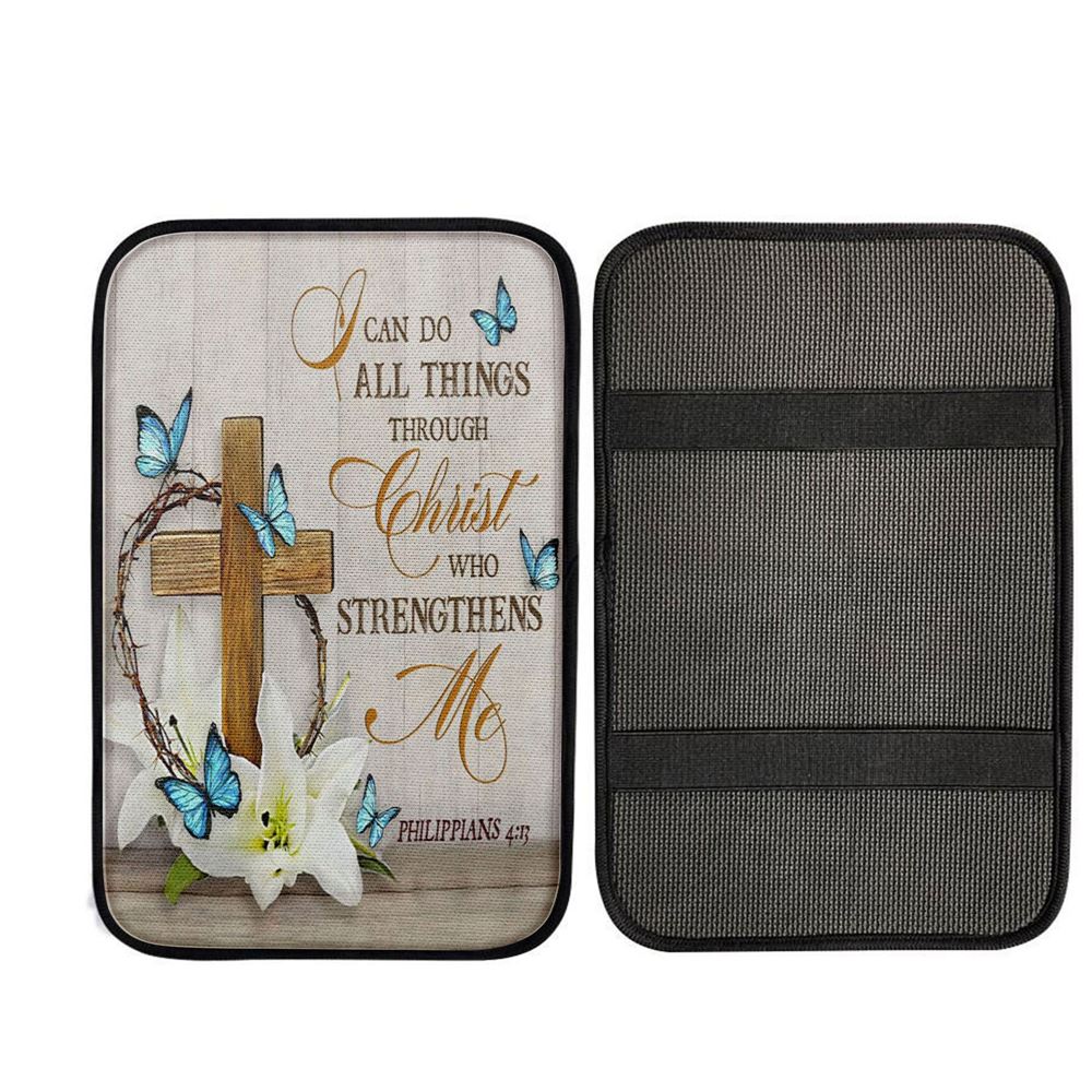 Christian Philippians 413 Nkjv Wooden Cross Lily Flower Butterflies Car Center Console Cover, Christian Car Accessories