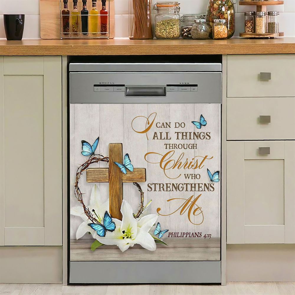 Christian Philippians 413 Nkjv Wooden Cross Lily Flower Butterflies Dishwasher Cover, Bible Verse Dishwasher Magnet Cover, Scripture Kitchen Decor