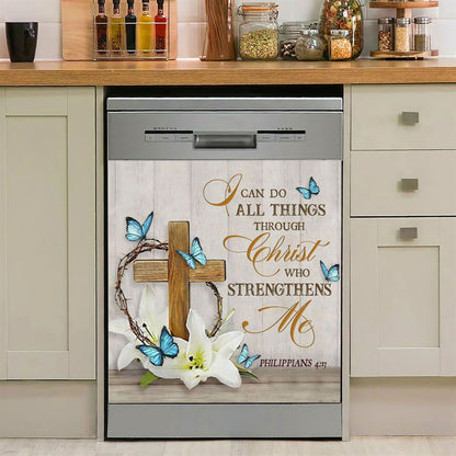 Christian Philippians 413 Nkjv Wooden Cross Lily Flower Butterflies Dishwasher Cover, Bible Verse Dishwasher Magnet Cover, Scripture Kitchen Decor
