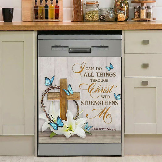 Christian Philippians 413 Nkjv Wooden Cross Lily Flower Butterflies Dishwasher Cover, Bible Verse Dishwasher Magnet Cover, Scripture Kitchen Decor