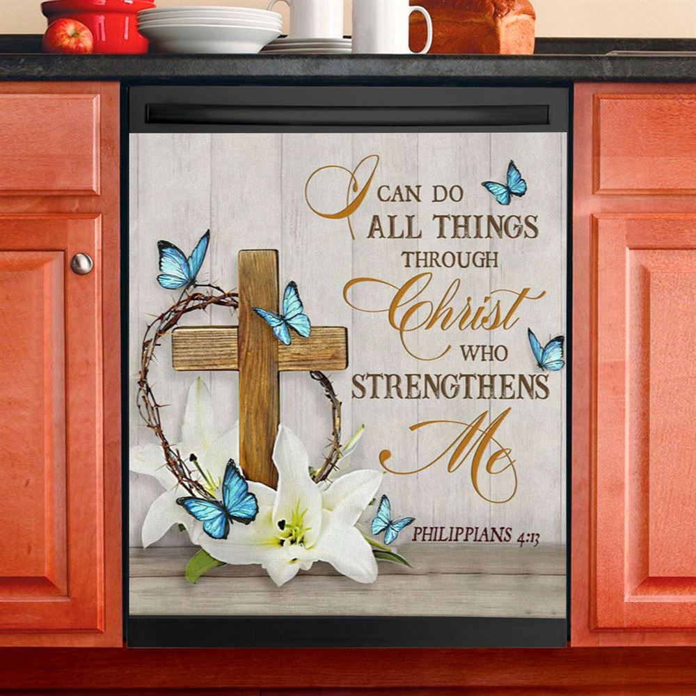 Christian Philippians 413 Nkjv Wooden Cross Lily Flower Butterflies Dishwasher Cover, Bible Verse Dishwasher Magnet Cover, Scripture Kitchen Decor