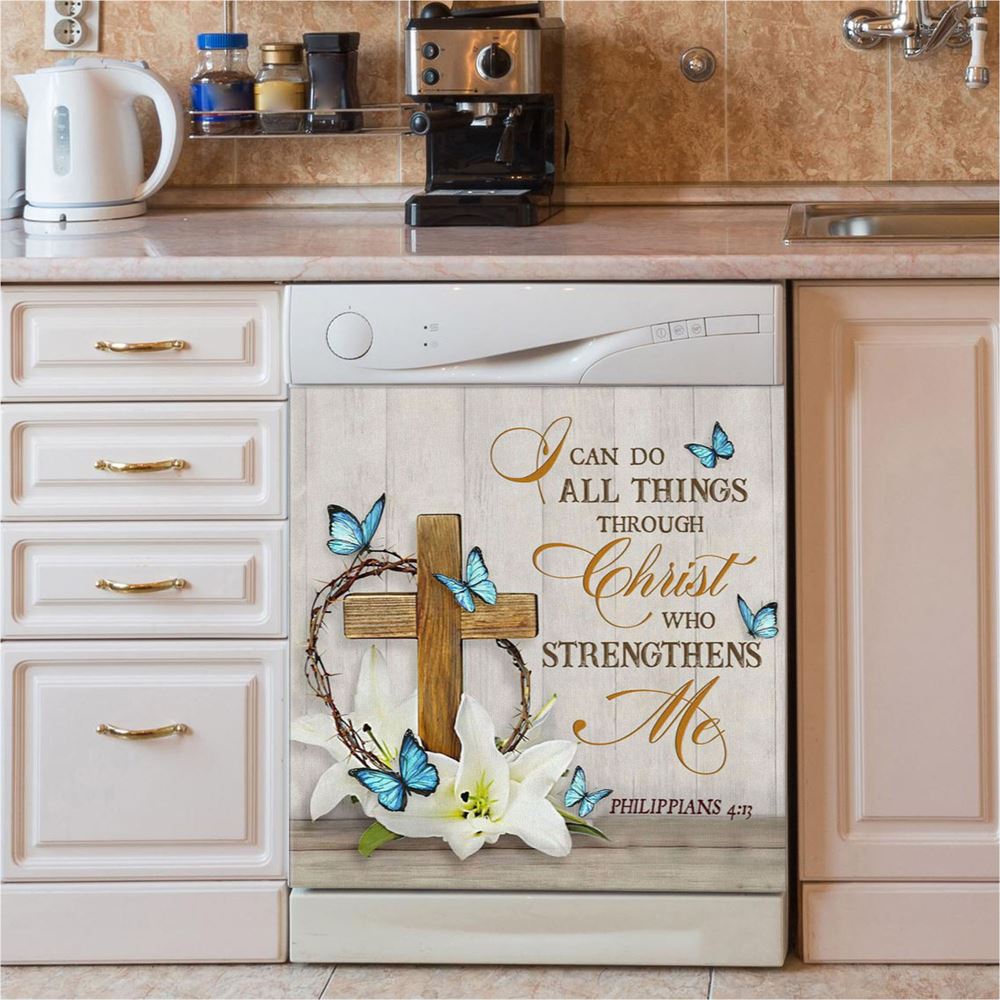 Christian Philippians 413 Nkjv Wooden Cross Lily Flower Butterflies Dishwasher Cover, Bible Verse Dishwasher Magnet Cover, Scripture Kitchen Decor