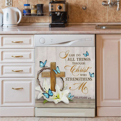 Christian Philippians 413 Nkjv Wooden Cross Lily Flower Butterflies Dishwasher Cover, Bible Verse Dishwasher Magnet Cover, Scripture Kitchen Decor